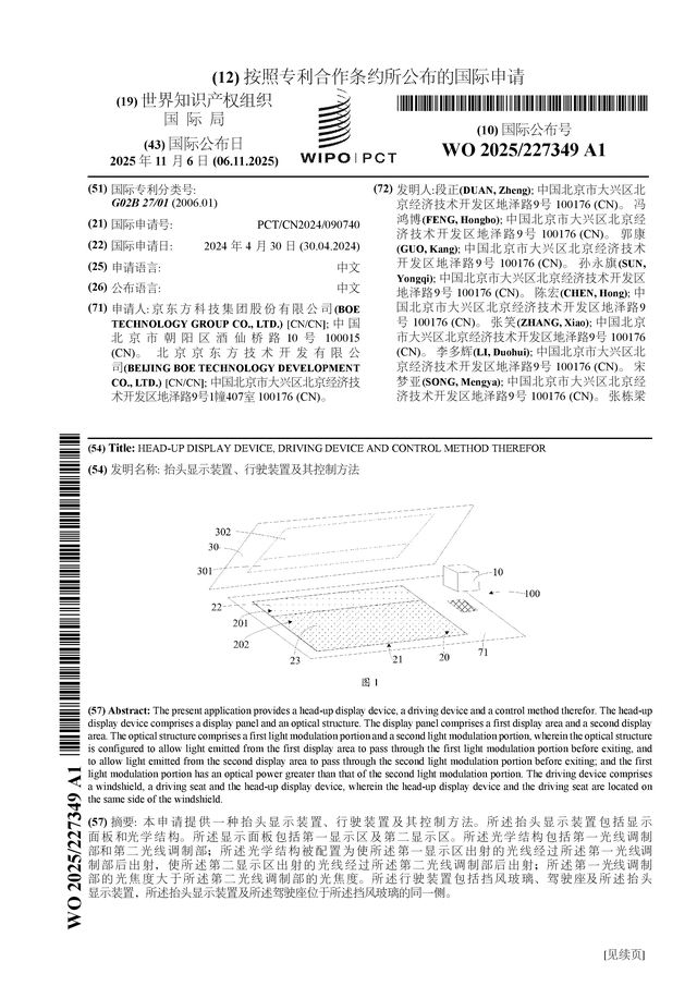 京東方A公布國際專利申請:“抬頭顯示裝置、行駛裝置及其控制方法”